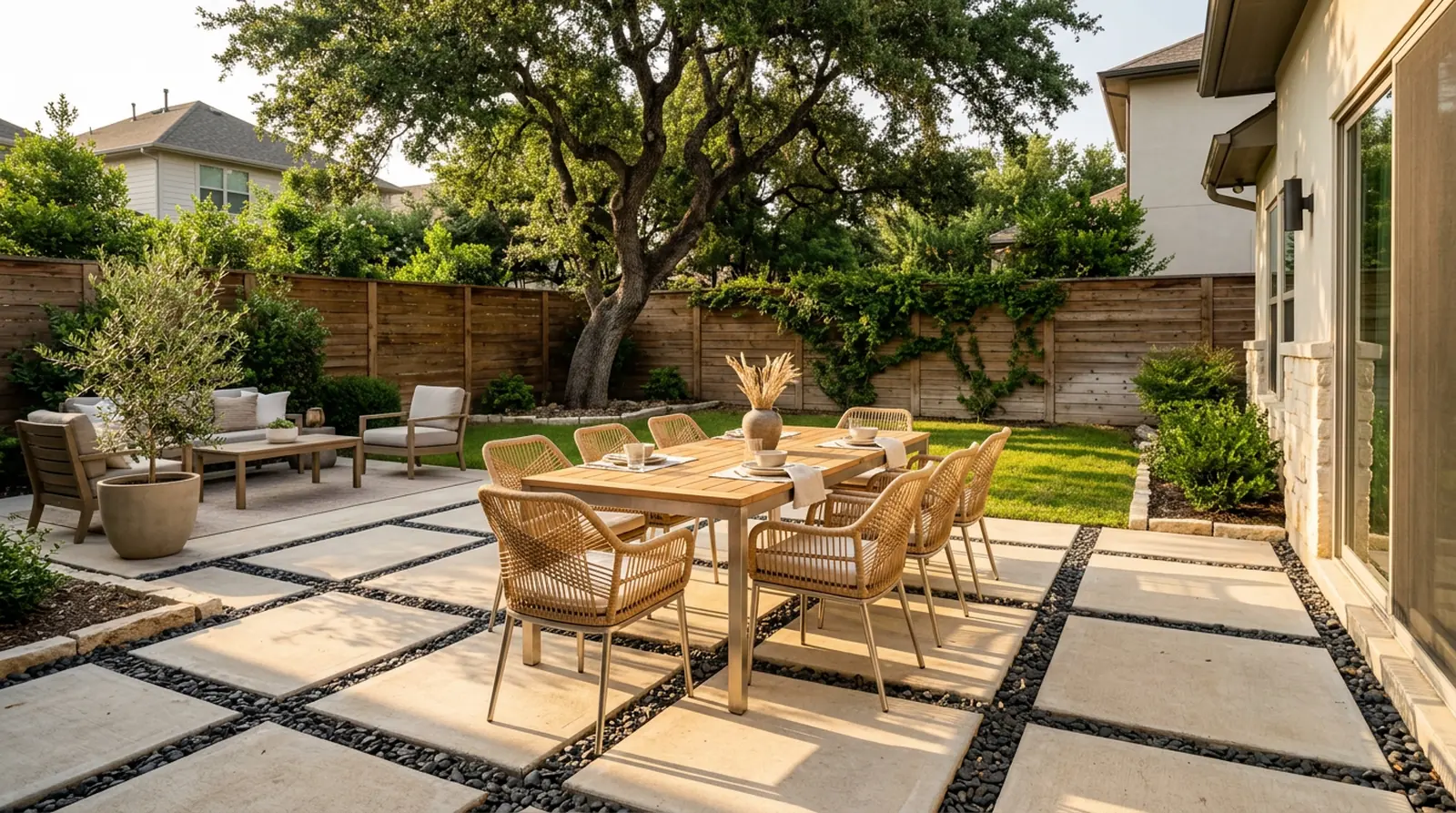 Large concrete pads with black gravel joints, a dining table and cedar fencing beside a house